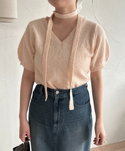 raffime(ラフィミー)の「チョーカーリボンサマーニット(Tシャツ/カットソー・レディース・アイボリー/ピンク・フリー)」の22枚目の写真