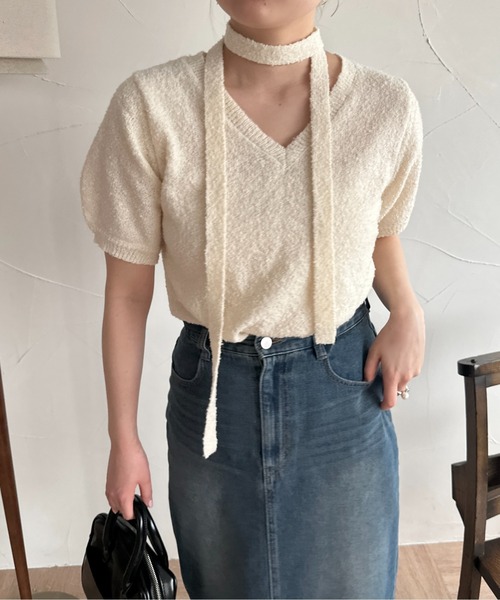 raffime(ラフィミー)の「チョーカーリボンサマーニット(Tシャツ/カットソー・レディース・アイボリー/ピンク・フリー)」の4枚目の写真