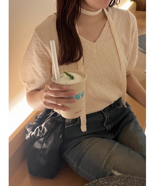 raffime(ラフィミー)の「チョーカーリボンサマーニット(Tシャツ/カットソー・レディース・アイボリー/ピンク・フリー)」の12枚目の写真
