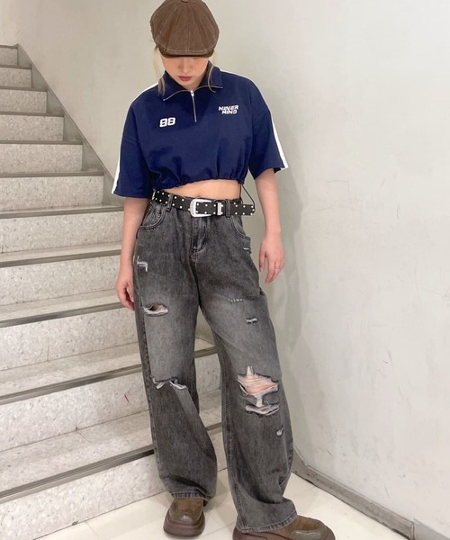 Figments（フィグメンツ）の「ダメージデニムワイドバギーパンツ（デニムパンツ・レディース・ブラック・SMALL/MEDIUM/LARGE）」の14枚目の写真