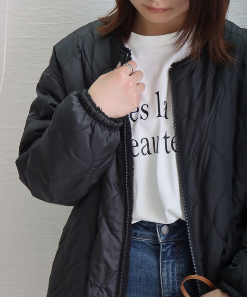 libelle more（リベル モア）の「中綿キルト×裏ボアリバーシブルコート（ノーカラーコート・レディース・ネイビー/アイボリー/グレイッシュベージュ/カーキ/ブラック・M/L）」の16枚目の写真