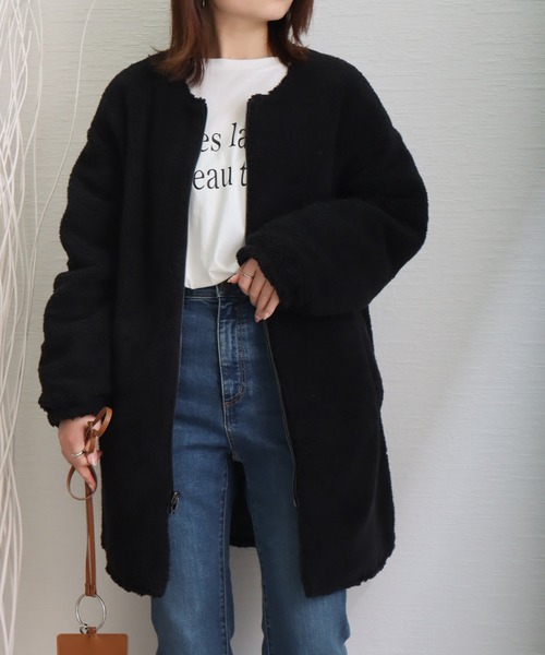 libelle more（リベル モア）の「中綿キルト×裏ボアリバーシブルコート（ノーカラーコート・レディース・ネイビー/アイボリー/グレイッシュベージュ/カーキ/ブラック・M/L）」の17枚目の写真