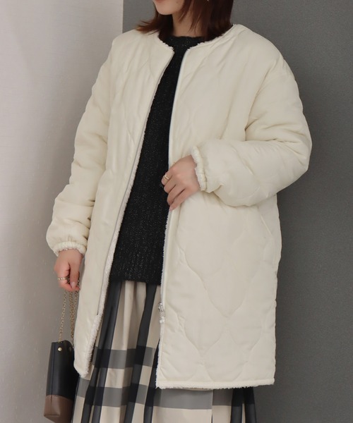 libelle more（リベル モア）の「中綿キルト×裏ボアリバーシブルコート（ノーカラーコート・レディース・ネイビー/アイボリー/グレイッシュベージュ/カーキ/ブラック・M/L）」の8枚目の写真