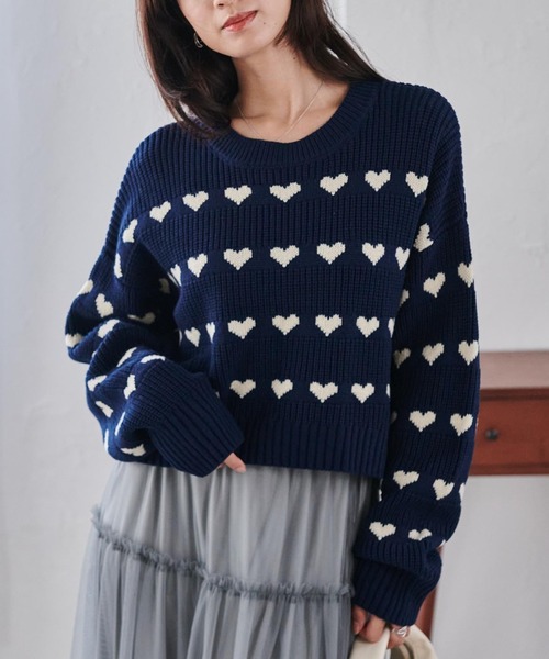 美品✨レオナール❤️ラインストーン ビーズ 装飾 半袖 ニット LL ネイビー セール】ハートラインニットプルオーバー（ニット/セーター）｜RANAN