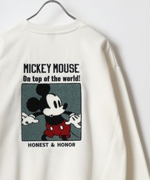 Disney /ディズニー ミッキー サガラ刺繍 エンボス サテンワッペン 古着風ビンテージイラスト 裏起毛 オーバーサイズ スウェット レディース メンズ トレーナー