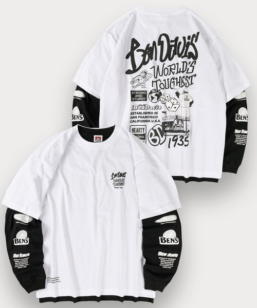 【セール】【BENDAVIS／ベンデイビス】2TEES LAYERED TAGGING/タギングロゴ バックプリント レイヤードロングTシャツ オーバーサイズ ロンT＆半袖T 2点セット（Tシャツ/カットソー）｜BEN DAVIS（ベンデイビス）