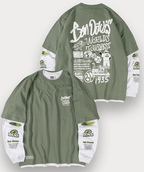【セール】【BENDAVIS／ベンデイビス】2TEES LAYERED TAGGING/タギングロゴ バックプリント レイヤードロングTシャツ オーバーサイズ ロンT＆半袖T 2点セット（Tシャツ/カットソー）｜BEN DAVIS（ベンデイビス）