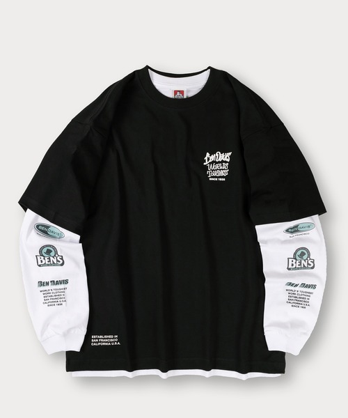 【セール】【BENDAVIS／ベンデイビス】2TEES LAYERED TAGGING/タギングロゴ バックプリント レイヤードロングTシャツ オーバーサイズ ロンT＆半袖T 2点セット（Tシャツ/カットソー）｜BEN DAVIS（ベンデイビス）