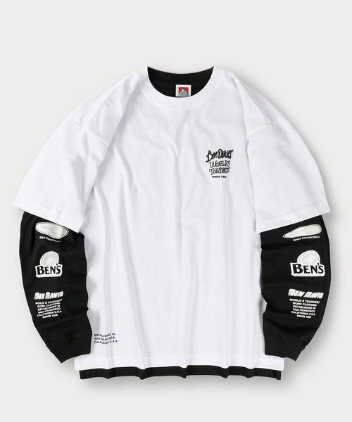 【セール】【BENDAVIS／ベンデイビス】2TEES LAYERED TAGGING/タギングロゴ バックプリント レイヤードロングTシャツ オーバーサイズ ロンT＆半袖T 2点セット（Tシャツ/カットソー）｜BEN DAVIS（ベンデイビス）