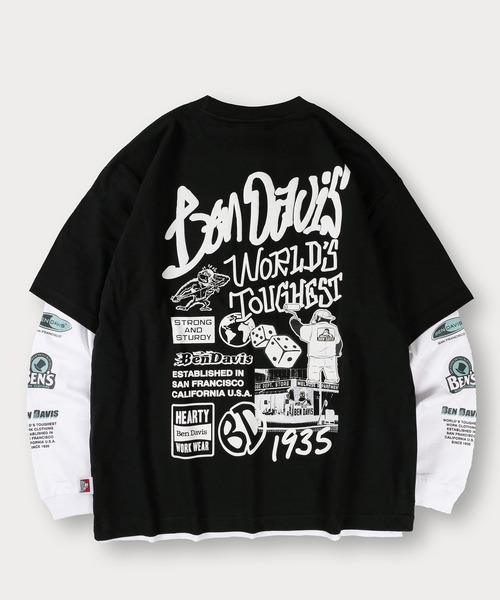 【セール】【BENDAVIS／ベンデイビス】2TEES LAYERED TAGGING/タギングロゴ バックプリント レイヤードロングTシャツ オーバーサイズ ロンT＆半袖T 2点セット（Tシャツ/カットソー）｜BEN DAVIS（ベンデイビス）