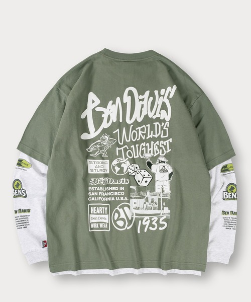 【セール】【BENDAVIS／ベンデイビス】2TEES LAYERED TAGGING/タギングロゴ バックプリント レイヤードロングTシャツ オーバーサイズ ロンT＆半袖T 2点セット（Tシャツ/カットソー）｜BEN DAVIS（ベンデイビス）