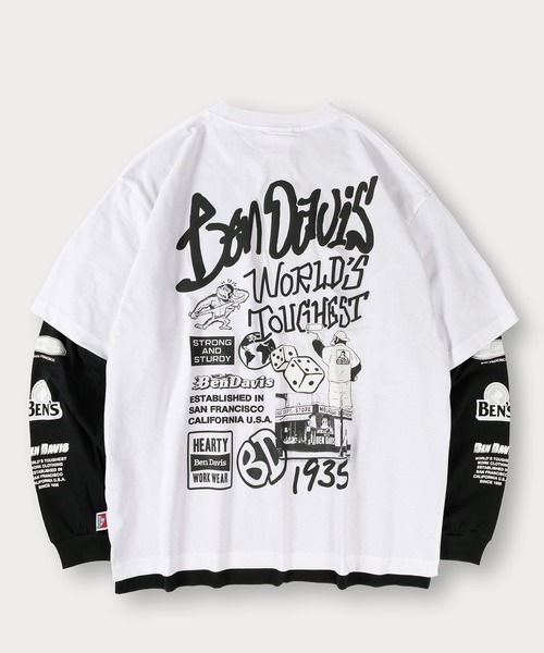 【セール】【BENDAVIS／ベンデイビス】2TEES LAYERED TAGGING/タギングロゴ バックプリント レイヤードロングTシャツ オーバーサイズ ロンT＆半袖T 2点セット（Tシャツ/カットソー）｜BEN DAVIS（ベンデイビス）