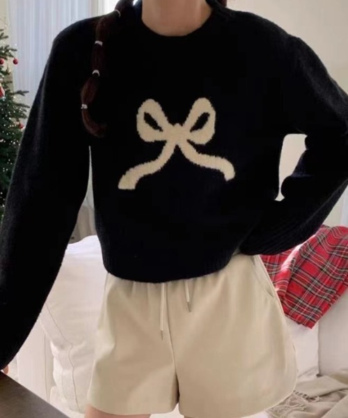 GEMEDA(ジェメダ)の「配色リボンショートニットトップス(ニット/セーター・レディース・ブラック/グレー・M)」の4枚目の写真