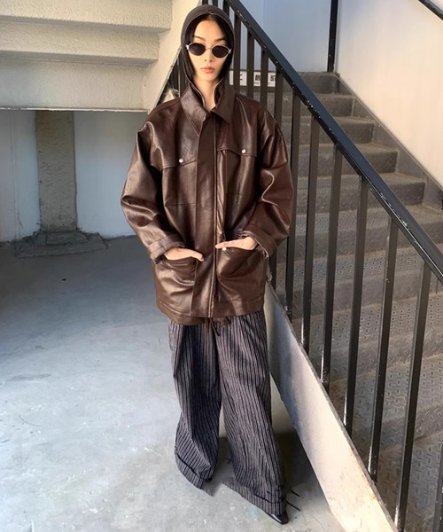 LONSLAN】レザーライク オーバーコート CHLONW24a029（ライダース