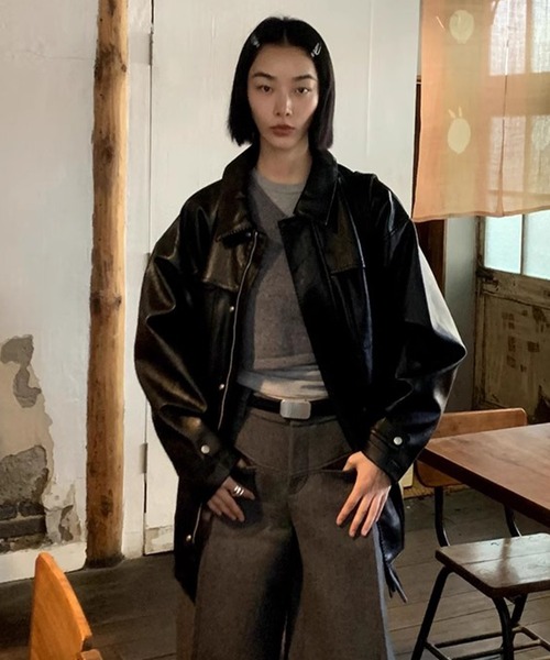 LONSLAN】レザーライク オーバーコート CHLONW24a029（ライダース