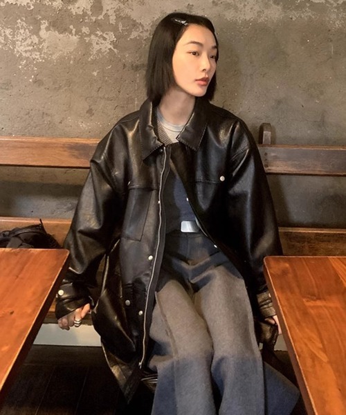 LONSLAN】レザーライク オーバーコート CHLONW24a029（ライダース