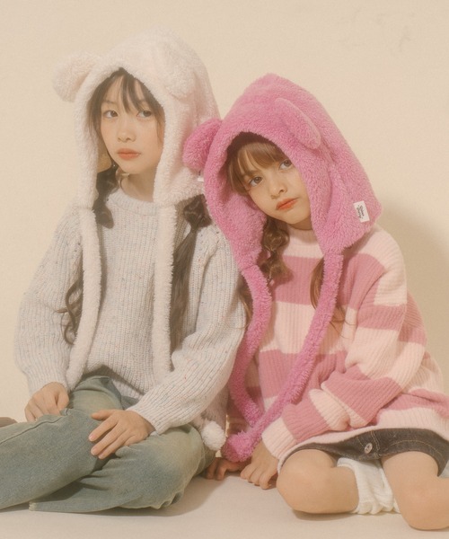 URBAN CHERRY(アーバンチェリー)の「【Mielボアシリーズ】ポンポン紐付きくま耳キャップ(ハット・キッズ・ピンク/ブラウン/アイボリー・FREE)」の6枚目の写真