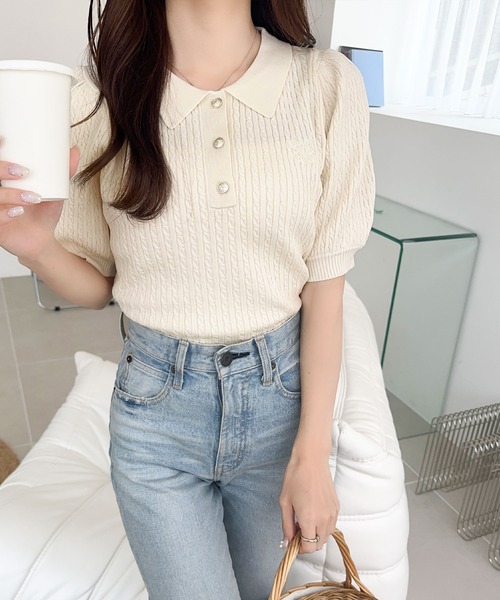 mily bilet(ミウィビレット)の「【mily bilet】知的フェミニンで好印象をプラス。胸刺繍ケーブルニットパフスリーブポロシャツ(半袖)(ポロシャツ・レディース・ピンク/アイボリー/ライトグレー/ネイビー・X-LARGE/SMALL/MEDIUM/LARGE)」の8枚目の写真