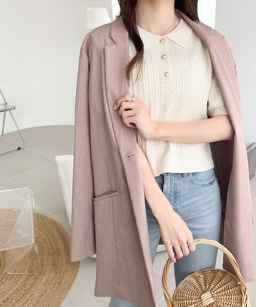 mily bilet(ミウィビレット)の「【mily bilet】知的フェミニンで好印象をプラス。胸刺繍ケーブルニットパフスリーブポロシャツ(半袖)(ポロシャツ・レディース・ピンク/アイボリー/ライトグレー/ネイビー・X-LARGE/SMALL/MEDIUM/LARGE)」の9枚目の写真