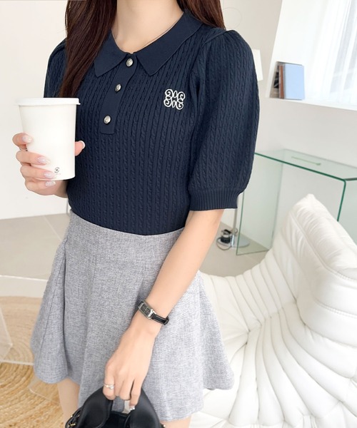 mily bilet(ミウィビレット)の「【mily bilet】知的フェミニンで好印象をプラス。胸刺繍ケーブルニットパフスリーブポロシャツ(半袖)(ポロシャツ・レディース・ピンク/アイボリー/ライトグレー/ネイビー・X-LARGE/SMALL/MEDIUM/LARGE)」の18枚目の写真