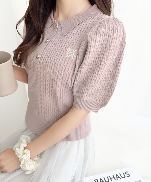 mily bilet(ミウィビレット)の「【mily bilet】知的フェミニンで好印象をプラス。胸刺繍ケーブルニットパフスリーブポロシャツ(半袖)(ポロシャツ・レディース・ピンク/アイボリー/ライトグレー/ネイビー・X-LARGE/SMALL/MEDIUM/LARGE)」の22枚目の写真