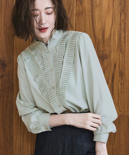 洗える ストレッチ ｜ プリーツ スタンドカラー ブラウス