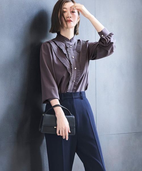 洗える ストレッチ ｜ プリーツ スタンドカラー ブラウス