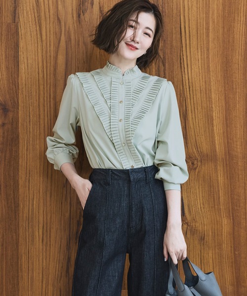 未使用級 NOBLE クリスタルプリーツスタンドネックブラウス とろみ 洗える ストレッチ ｜ プリーツ スタンドカラー ブラウス