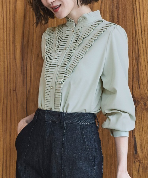 洗える ストレッチ ｜ プリーツ スタンドカラー ブラウス