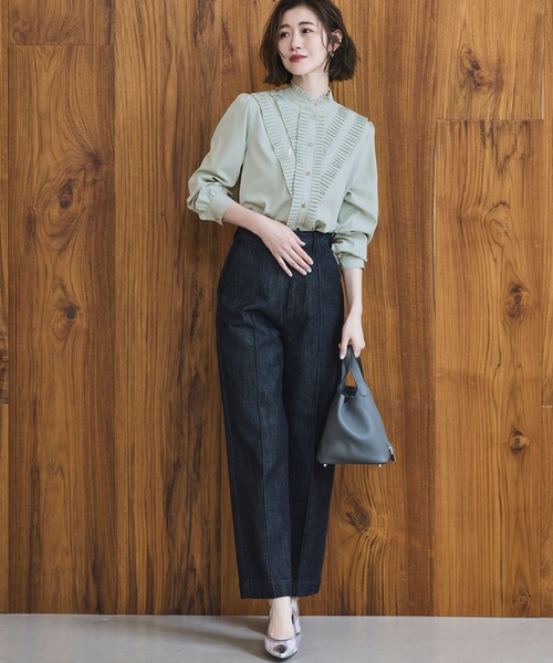 洗える ストレッチ ｜ プリーツ スタンドカラー ブラウス