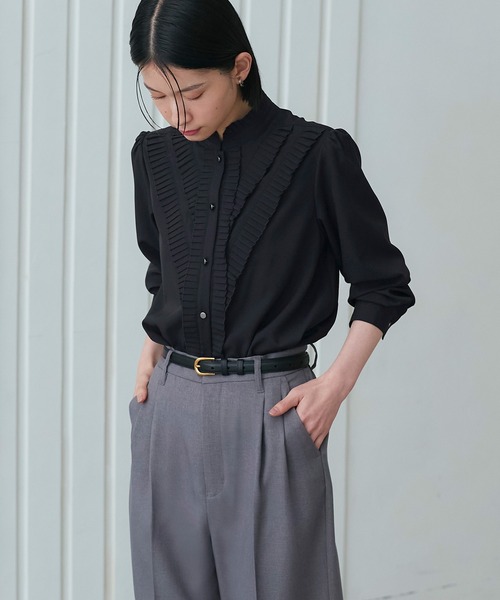 yoriワイドカラーストレッチブラウス　ブラック　38サイズ ブラック 【ストレッチ】長袖 配色レギュラーブラウス【WEB限定】形態