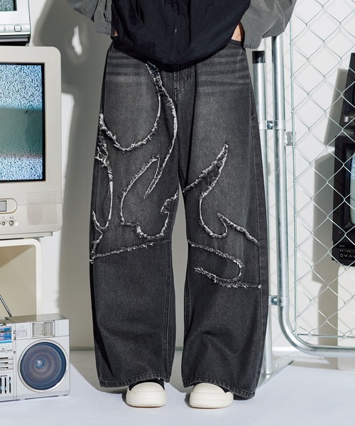 【 】CKロゴ/ワイドデニム 12ozヴィンテージ加工ロゴ切替バギーワイドデニム【UNISEX