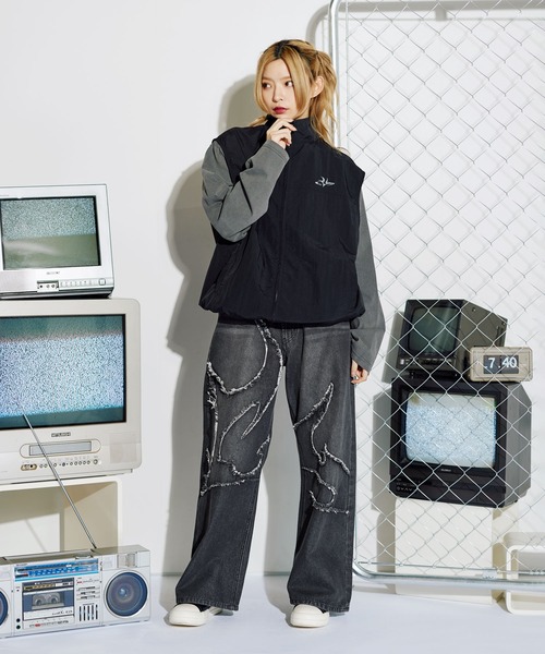 12ozヴィンテージ加工ロゴ切替バギーワイドデニム【UNISEX