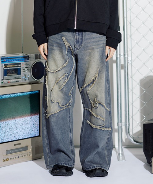 セール】12ozヴィンテージ加工ロゴ切替バギーワイドデニム【UNISEX