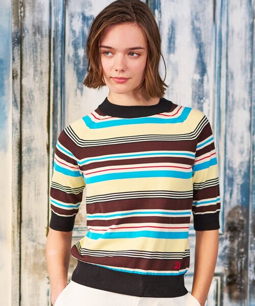 DRESSTERIOR（ドレステリア）の「◆【洗える】マルチボーダーハーフスリーブニット（ニット/セーター・レディース・ブラック系2/グリーン系3/ブラウン系その他3・34/36/38）」の2枚目の写真