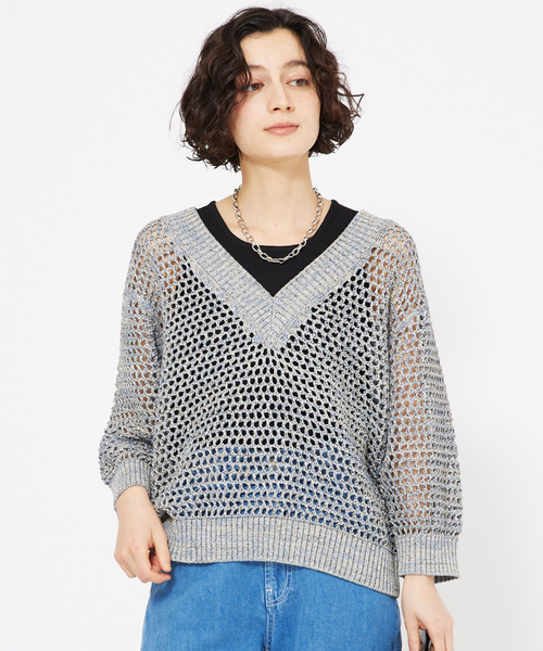qualite(カリテ) 25SS ラメローゲージVネックニット セール】ラメローゲージVネックニット（ニット/セーター