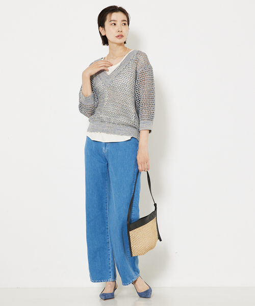 qualite（カリテ）の「ラメローゲージVネックニット（ニット/セーター・レディース・ブルー/ベージュ/ピンク・フリー）」の5枚目の写真