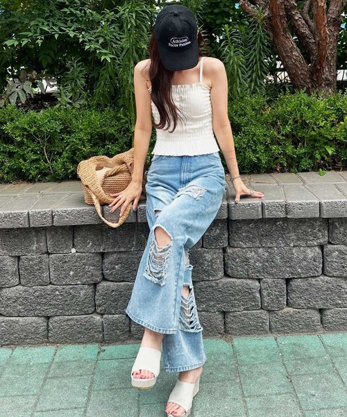 セール】オリジナルパッチダメージワイドデニム（デニムパンツ