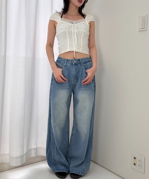 gossip!ロサンゼルス(ゴシップロサンゼルス)の「ウォッシュ加工 ワイドデニム(デニムパンツ・レディース・ブルー/ブラック/ライトブルー・S/M)」の6枚目の写真