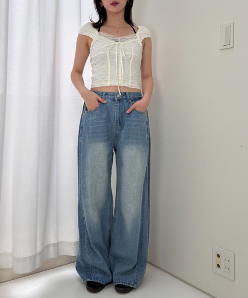 gossip!ロサンゼルス(ゴシップロサンゼルス)の「ウォッシュ加工 ワイドデニム(デニムパンツ・レディース・ブルー/ブラック/ライトブルー・S/M)」の7枚目の写真