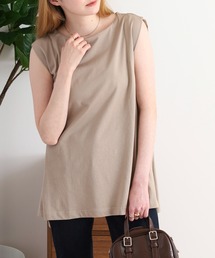 肩タックノースリーブボートネックTシャツ