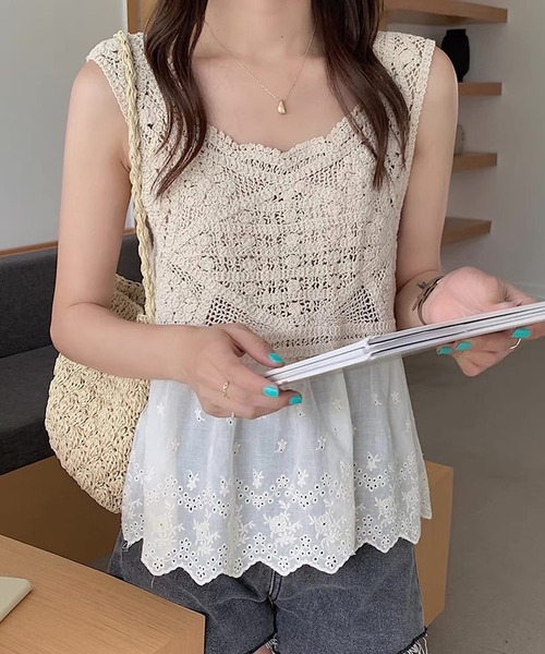 セール】ビスチェ ニット クロシェ編み 刺繍レース ドッキング