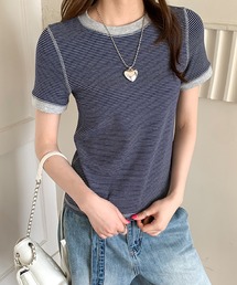配色 アウトステッチボーダー リンガーTシャツ【トレンド】