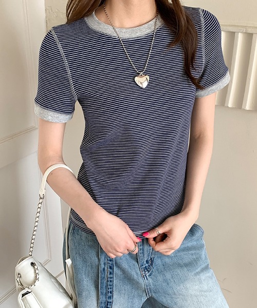 SHEPP(シープ)の「配色 アウトステッチボーダー リンガーTシャツ【トレンド】(Tシャツ/カットソー・レディース・ブルー/グレー/ネイビー・M)」の3枚目の写真