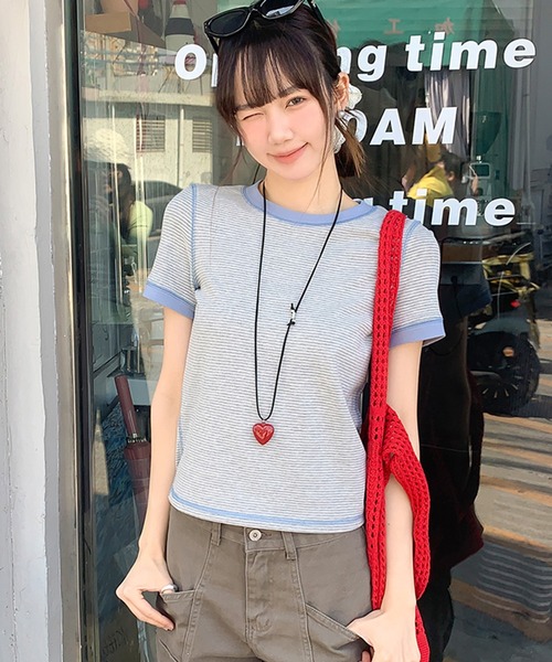 SHEPP(シープ)の「配色 アウトステッチボーダー リンガーTシャツ【トレンド】(Tシャツ/カットソー・レディース・ブルー/グレー/ネイビー・M)」の2枚目の写真