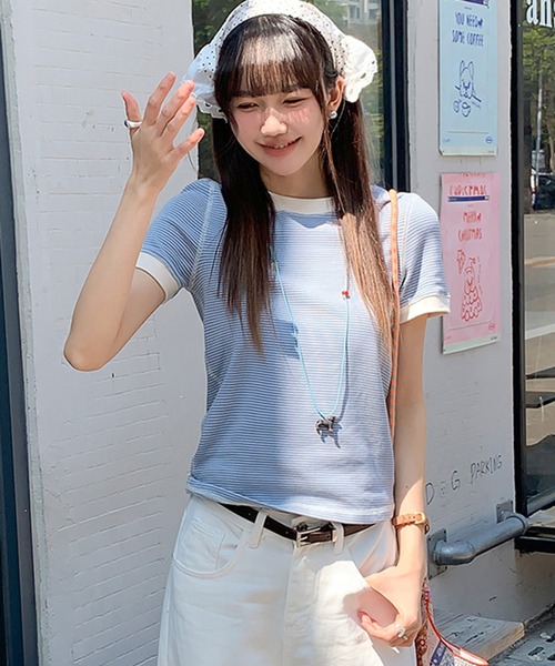 SHEPP(シープ)の「配色 アウトステッチボーダー リンガーTシャツ【トレンド】(Tシャツ/カットソー・レディース・ブルー/グレー/ネイビー・M)」の12枚目の写真
