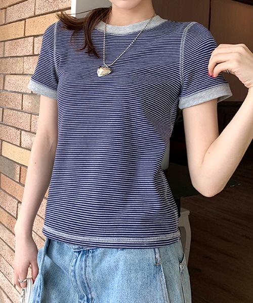 SHEPP(シープ)の「配色 アウトステッチボーダー リンガーTシャツ【トレンド】(Tシャツ/カットソー・レディース・ブルー/グレー/ネイビー・M)」の7枚目の写真