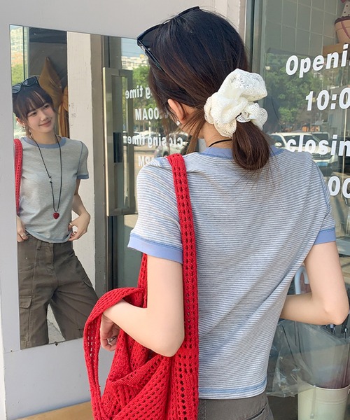 SHEPP(シープ)の「配色 アウトステッチボーダー リンガーTシャツ【トレンド】(Tシャツ/カットソー・レディース・ブルー/グレー/ネイビー・M)」の15枚目の写真