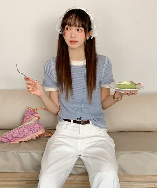 SHEPP(シープ)の「配色 アウトステッチボーダー リンガーTシャツ【トレンド】(Tシャツ/カットソー・レディース・ブルー/グレー/ネイビー・M)」の10枚目の写真