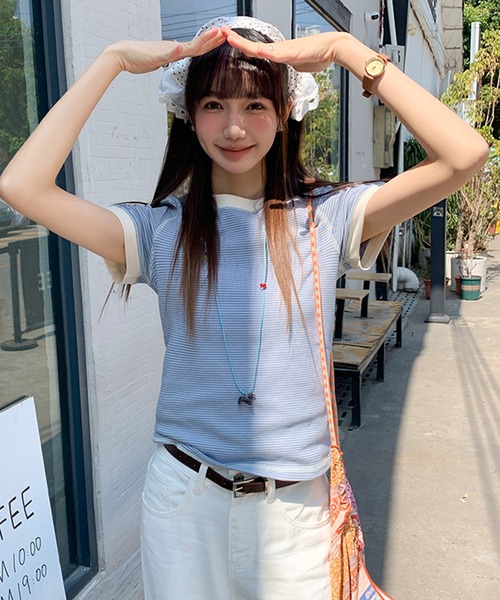 SHEPP(シープ)の「配色 アウトステッチボーダー リンガーTシャツ【トレンド】(Tシャツ/カットソー・レディース・ブルー/グレー/ネイビー・M)」の13枚目の写真